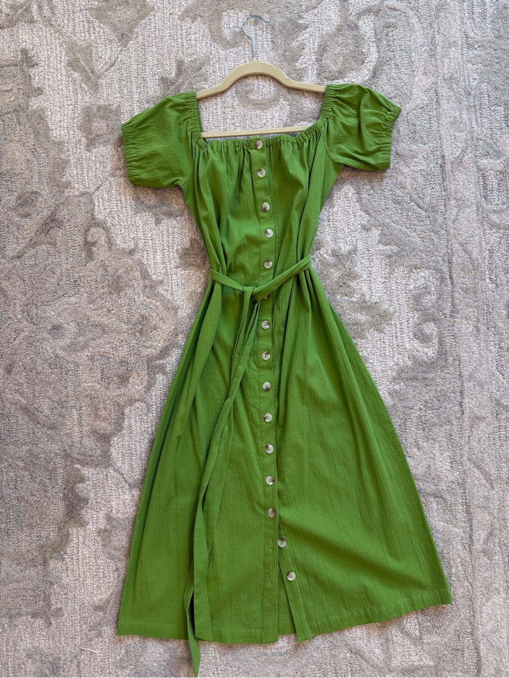 L'Academie Green Button-Front Midi Dress with Self Tie
